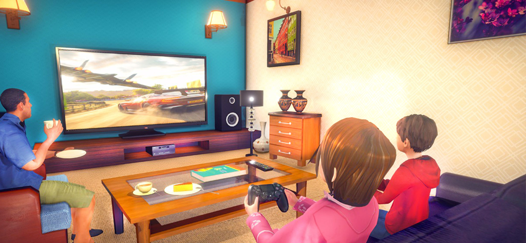 Doctor Mom Life Simulator - A virtual family sitting in a colorful living room while a young girl plays a racing video game on a large TV screen