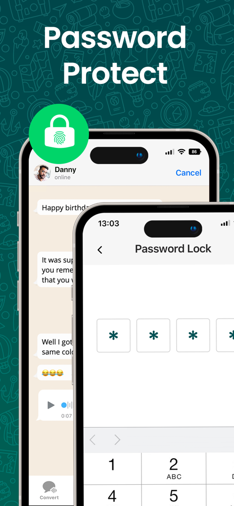 Smartphone screen showing the password lock feature for protecting private chats in the Messenger Duo app.
