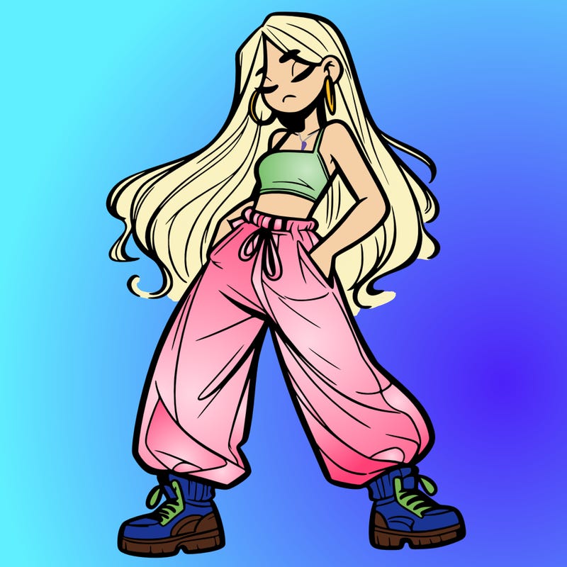 girl in baggy pants crop top and long hair