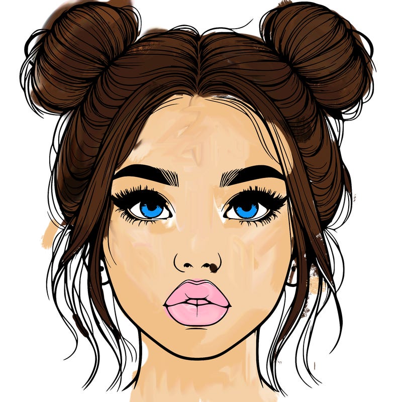 realistic girl with two buns on her hair and lips