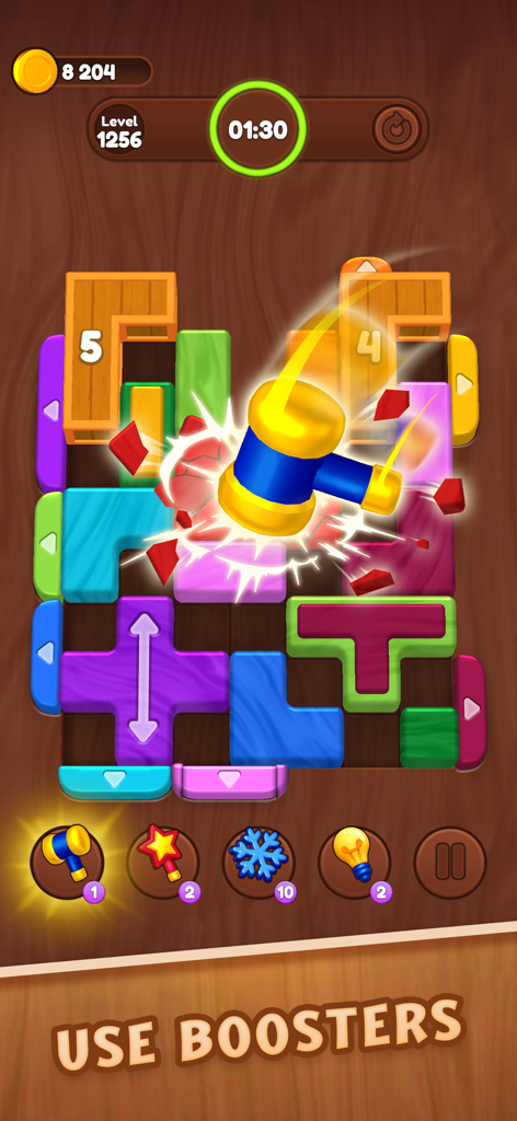 Un potenciador de martillo rompiendo bloques coloridos en el juego de rompecabezas Color Wood Jam