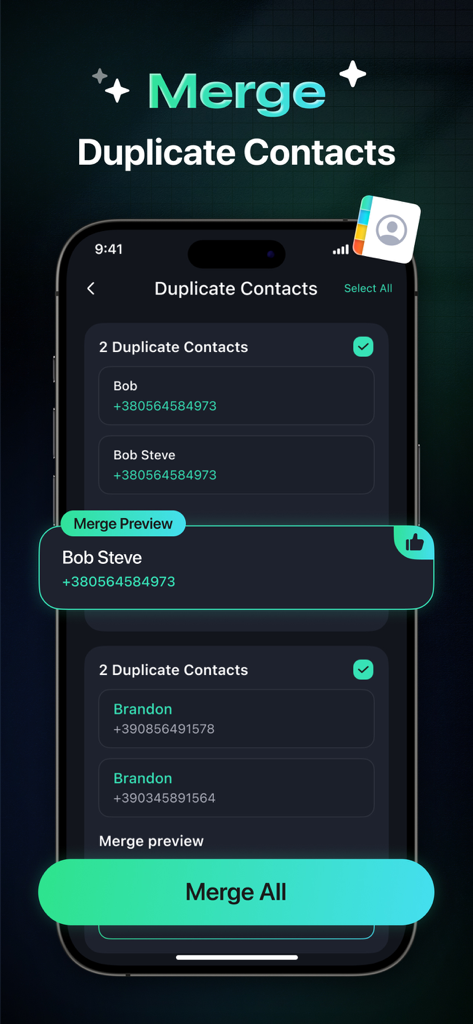 Space Cleaner – Phone Cleanup - Interfaz de la aplicación Space Cleaner que muestra la función para fusionar contactos duplicados en un iPhone.
