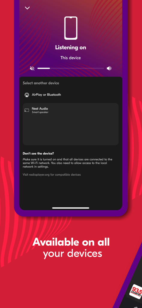 Radioplayer - Radio & Podcast - Schermata dell'app Radioplayer che mostra le opzioni per lo streaming radio su più dispositivi come Nest Audio