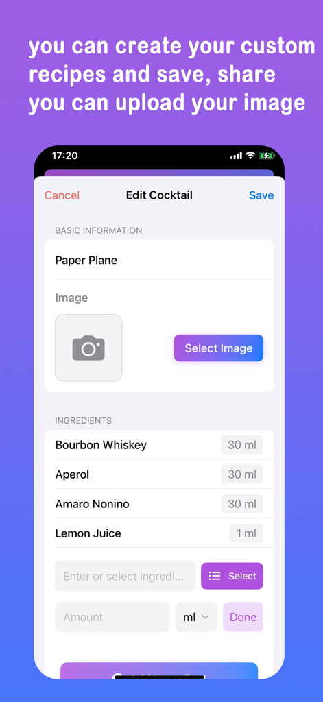 Cocktails Recipes Drink Create - A mobile app interface for creating and editing custom cocktail recipes with ingredients and measurements.