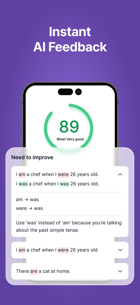 Speak & Learn English SpokziAI - SpokziAI app interface showing instant AI feedback with English grammar corrections and a progress score.