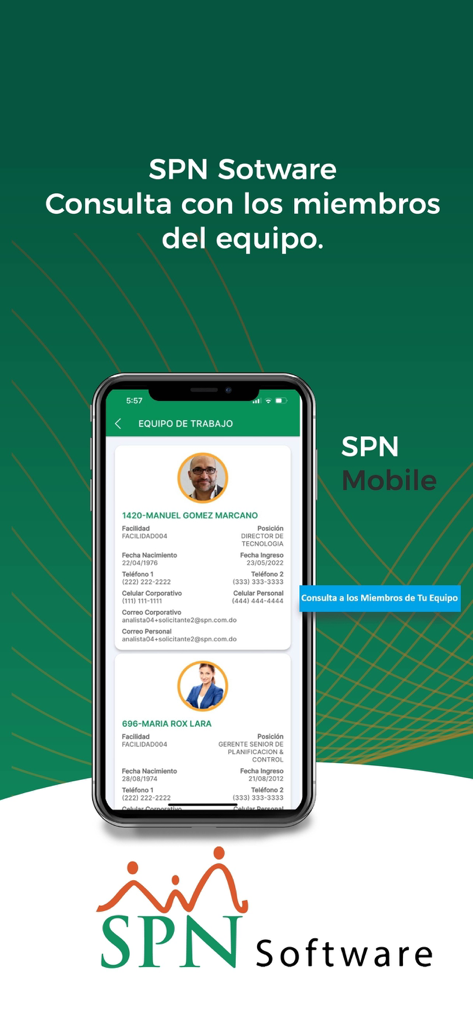 Team member directory view in the SPN Software mobile app showing employee profiles and contact details.