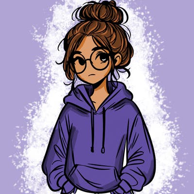 teen girl with a messy bun and glasses wearing a loose hoodie and jeans