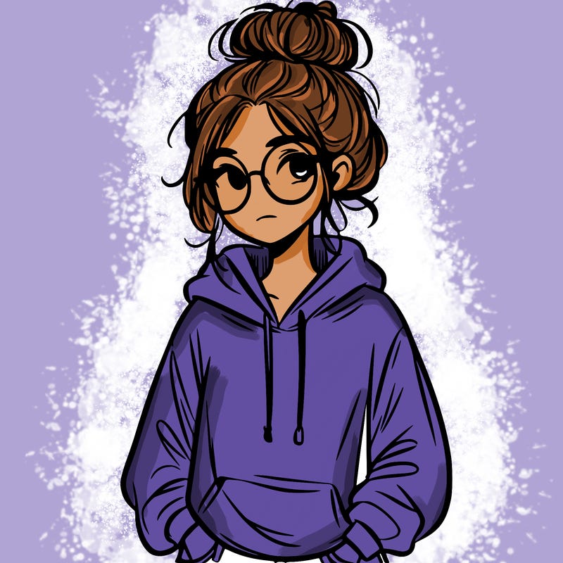 teen girl with a messy bun and glasses wearing a loose hoodie and jeans