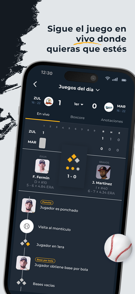 Quinielas Cobra - A smartphone screen displaying live baseball scores and play-by-play updates in the Quinielas Cobra app