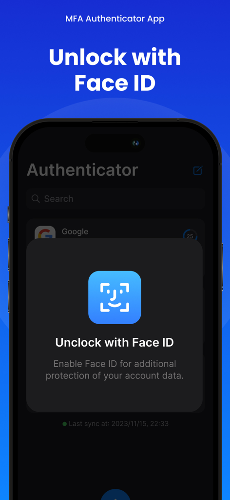 MFA-2FA Authenticator,OTP,Auth - Pantalla de iPhone que muestra una solicitud de autenticación de Face ID para desbloquear la app MFA Authenticator para mayor seguridad.