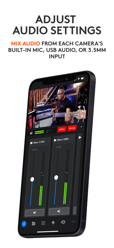 Logitech Mevo Multicam app interface showing audio mixing controls for multiple cameras during a live broadcast.