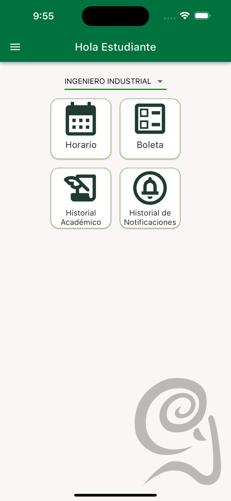 Estudiantes UABC - Main menu of the Estudiantes UABC app with buttons for class schedule report cards and academic history