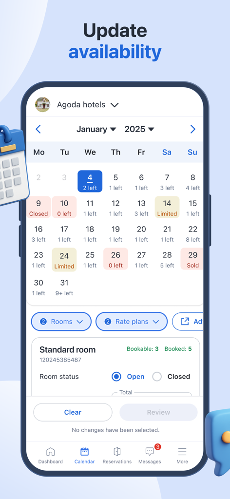Agoda YCS for hotels only - Interface de l'application Agoda YCS affichant un calendrier mensuel pour la gestion de l'inventaire hôtelier et les mises à jour de la disponibilité des chambres