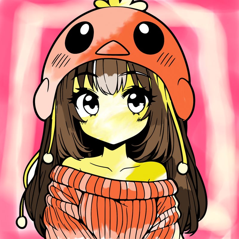 anime girl with chick shaped hat with sweater with bare shoulders with bangs covering them one eye with low tail
