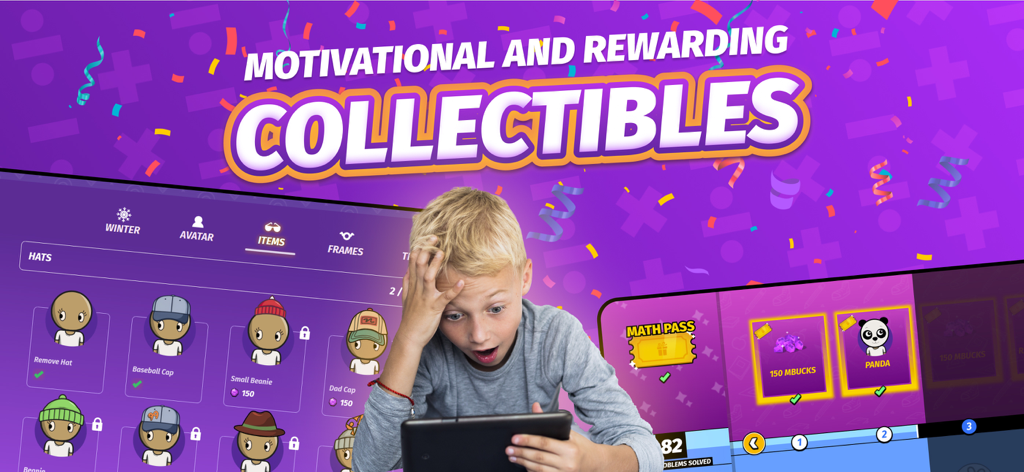 A young boy using a tablet to unlock avatars and collectible items in the 99math app