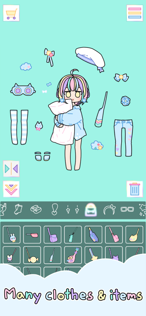 Pastel Girl - Pastel Girl app interface showing a character surrounded by various pastel-colored clothing items and an accessory menu.