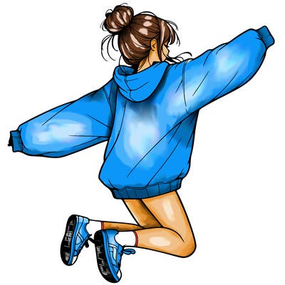 realistic girl jumping with a bun and oversized sweatshirt
