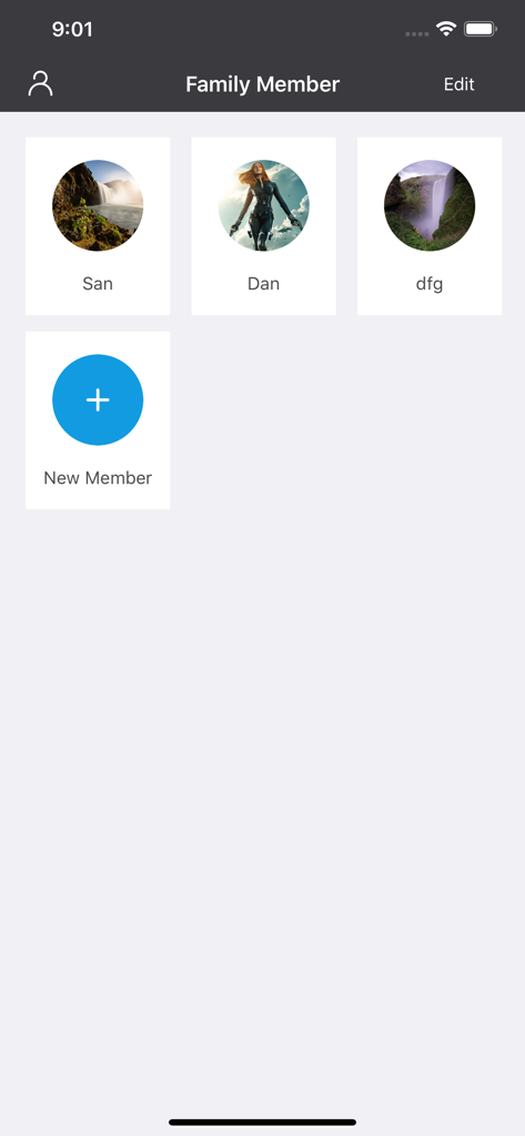 iTek Health Scale - Family member management screen in the iTek Health Scale app showing user profiles.