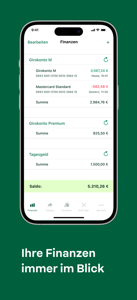 OLB banking app dashboard showing account balances for checking and savings accounts