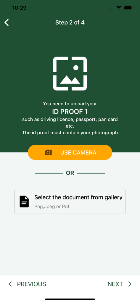 MANCOSA Student Comms - Identity verification screen in the MANCOSA app for uploading ID proof using camera or gallery.