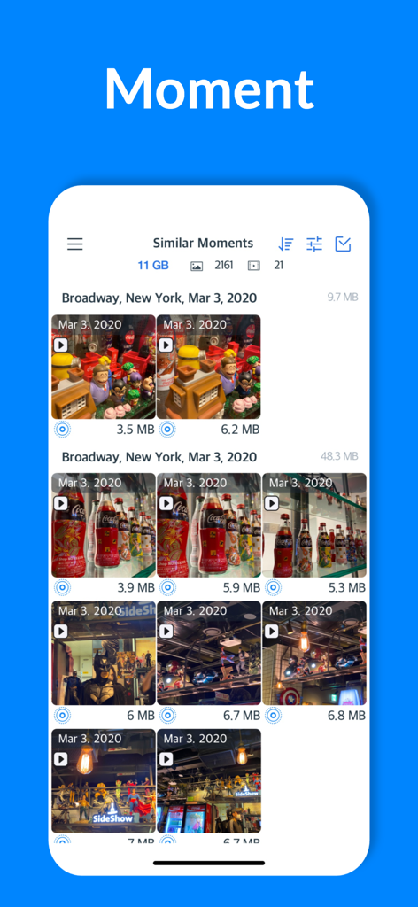 Cleansmith: Photo Cleaner - Interface do aplicativo Cleansmith mostrando fotos e vídeos semelhantes agrupados por local e data para limpeza de armazenamento.