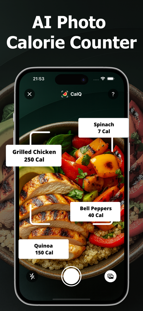 Pantalla de iPhone que muestra la aplicación CalMeal utilizando IA para identificar alimentos y sus recuentos de calorías a partir de una foto