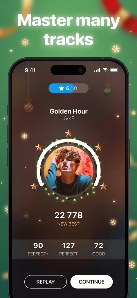 Piano Pop: Music Game Tiles - Tela de pontuação da música Golden Hour de JVKE no jogo de música Piano Pop, mostrando um novo melhor resultado e estatísticas de desempenho.