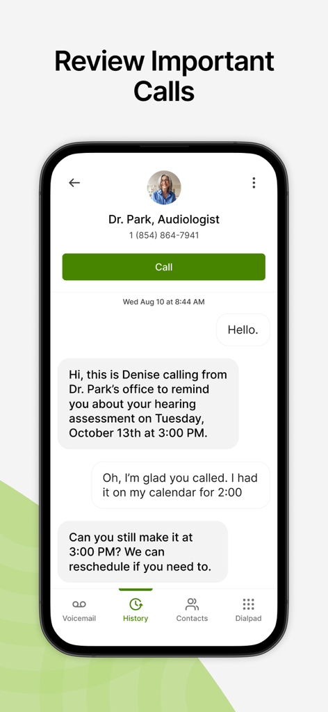 CaptionCall - A screenshot of the CaptionCall app displaying a saved call transcript from an audiologist about a hearing assessment.