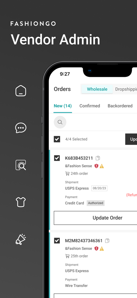FASHIONGO Vendor Admin - FASHIONGO Vendor Admin mobile app interface for managing wholesale orders