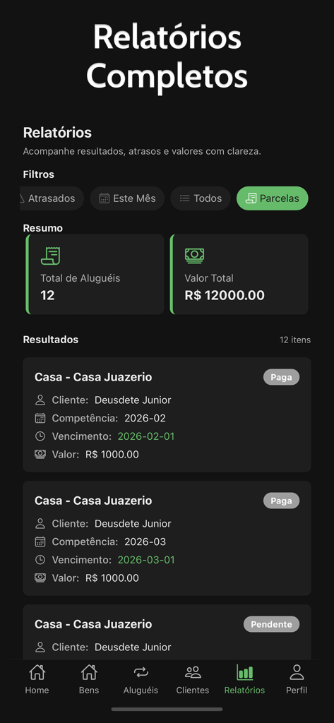 Rental Control: House, Car etc - Una pantalla de aplicación móvil que muestra informes financieros de propiedades de alquiler con ingresos totales y seguimiento de pagos