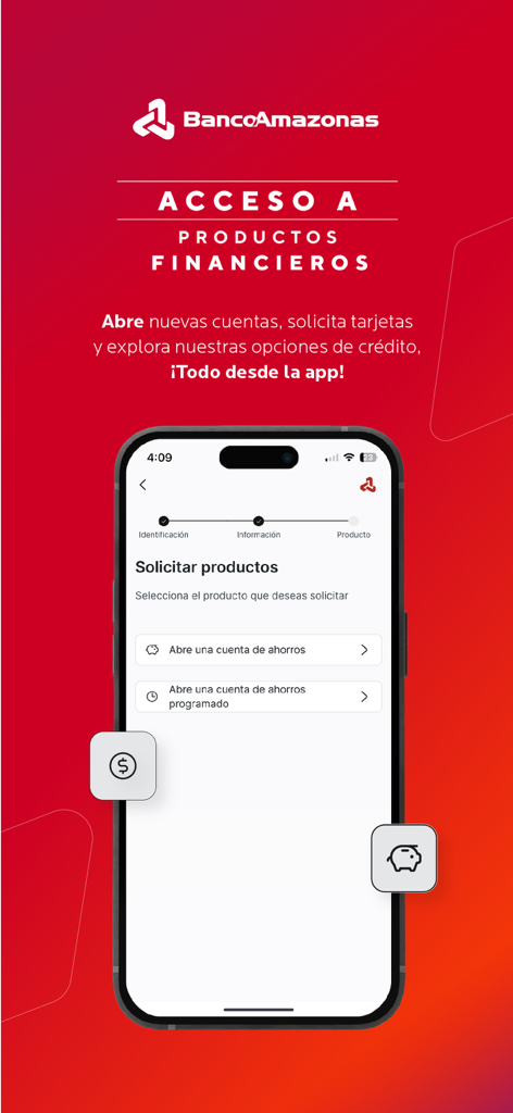 Banco Amazonas S.A. - Interfaz de la aplicación móvil Banco Amazonas mostrando opciones para abrir una cuenta de ahorros o una cuenta de ahorros programados