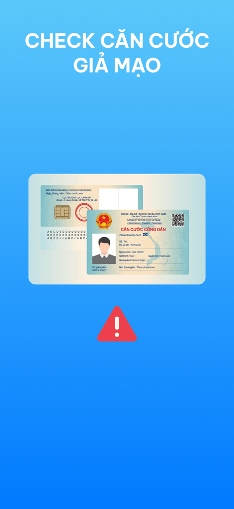 Quét CCCD & Xác thực - Nixtech - 가짜 베트남 신분증 확인 기능이 있는 인터페이스와 경고 기호