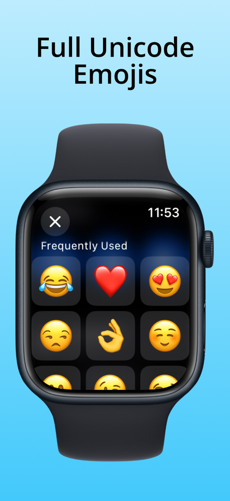 Pantalla de Apple Watch mostrando una cuadrícula de emojis de uso frecuente en la aplicación WatchType