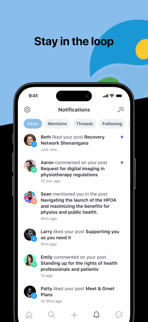BC Physio Online Community - Tela de notificações do aplicativo Comunidade Online BC Physio mostrando interações e atualizações profissionais