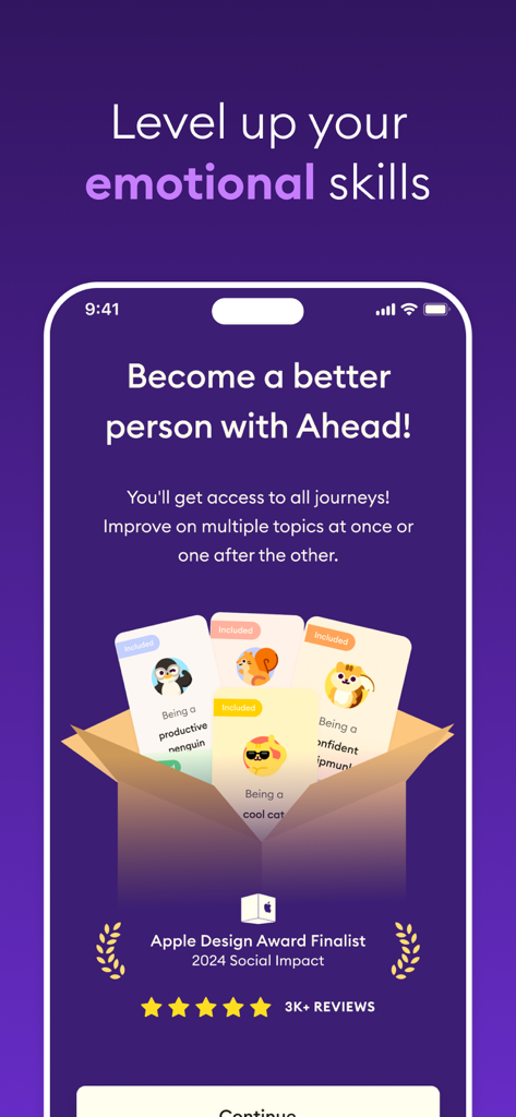 Ahead: Emotional Companion - Ahead app screen featuring emotional skill improvement journeys and 2024 Apple Design Award recognition