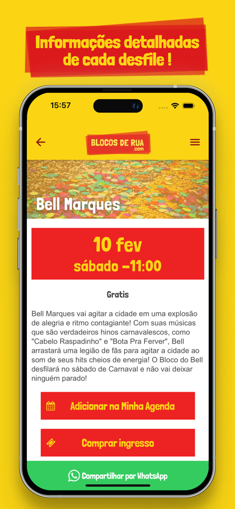 Blocos de Rua - Carnaval 2026 - A mobile screen from the Blocos de Rua app showing detailed event information for a carnival block including date time and schedule buttons.