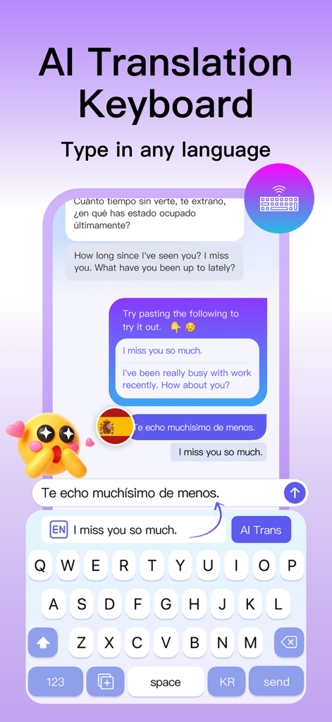 Teclado de tradução IA traduzindo texto em inglês para espanhol diretamente em um aplicativo de mensagens