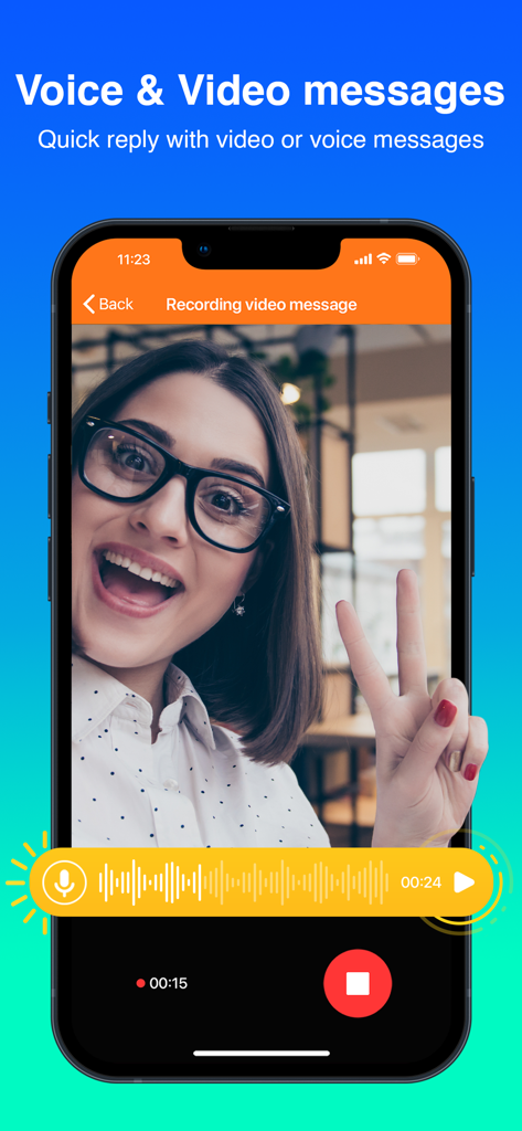 Mint Messenger - Private Chat - Mint Messenger interface showing a user recording a video and voice message on a smartphone.