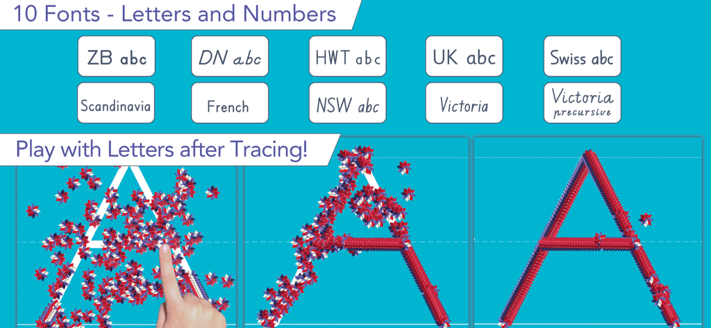 Interface of Writing Wizard showing handwriting font options and a child tracing the letter A with animated stickers