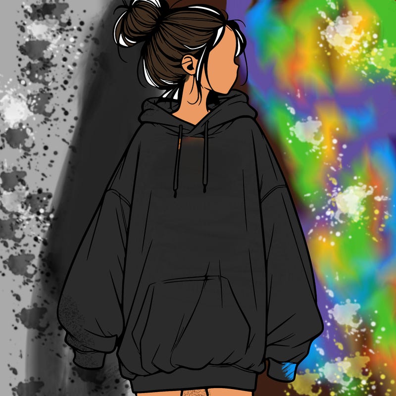 realistic girl with a oversized sweatshirt on and a bun