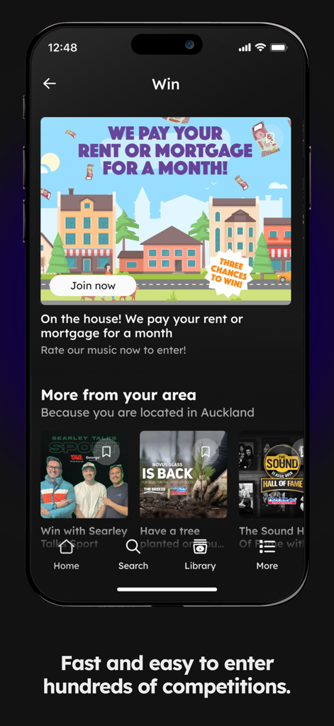 rova app interface showing the competitions section with a banner to win rent or mortgage payments.