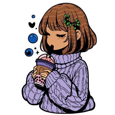 manga girl drinking boba in cozy sweater