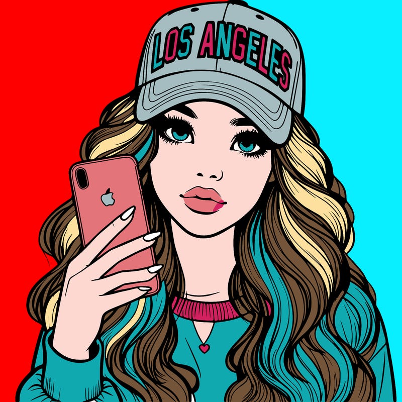 realistic beautiful girl wearing los ángeles cap holding an iphone