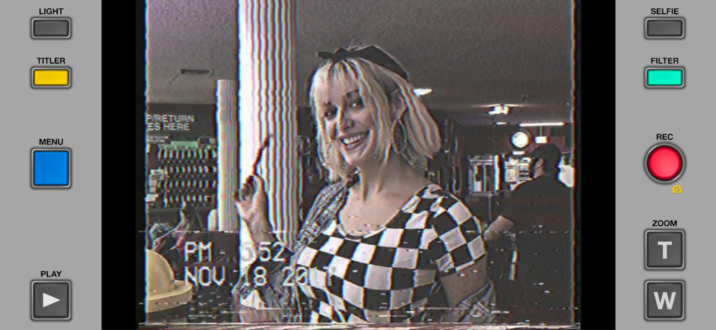 Interface of the Rarevision VHS Lite app showing a woman recorded with a vintage lo-fi video filter and retro camcorder buttons