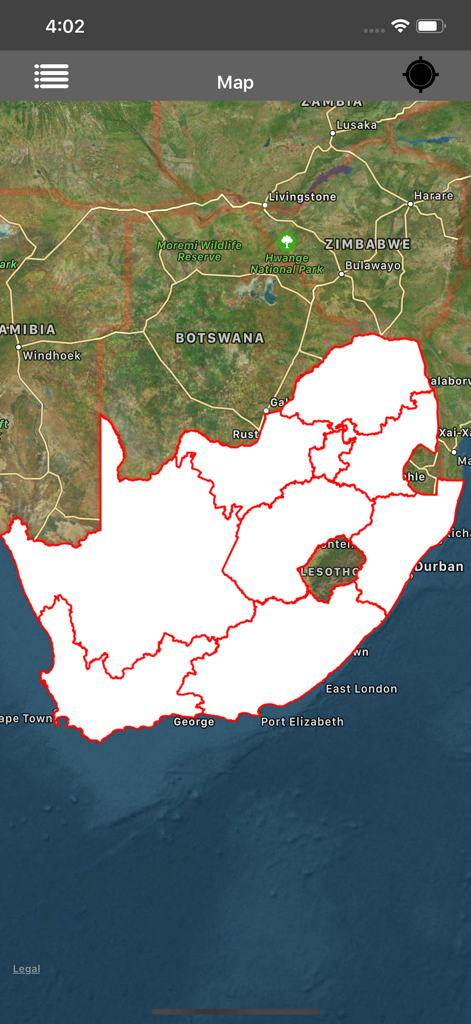 Interface de carte satellite montrant une superposition de polygone KML blanc avec des bordures rouges en Afrique du Sud.
