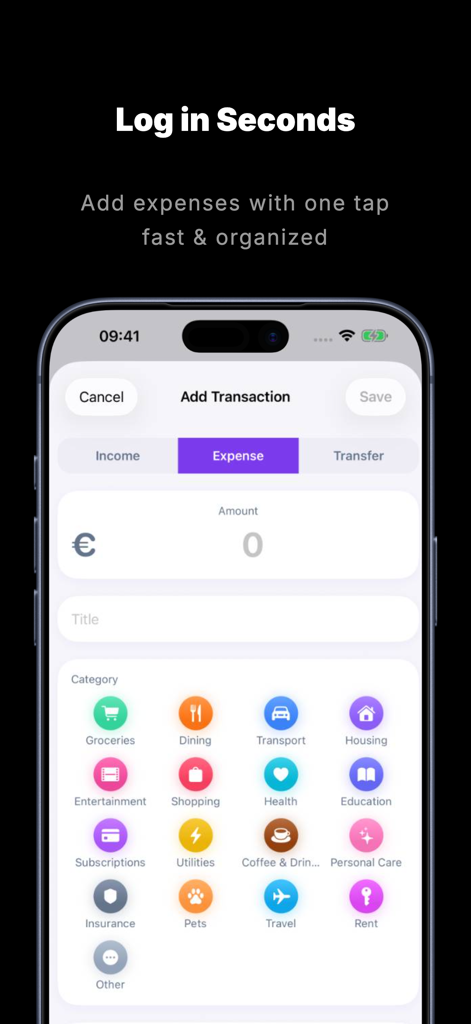 Expense Tracker Genius - Una interfaz de usuario para agregar un gasto en la aplicación Expense Tracker Genius que muestra varias categorías de gasto como comestibles, comidas y transporte.
