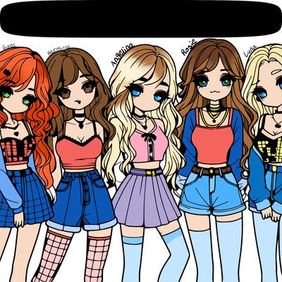 a group of six realistic girls in cute outfits
