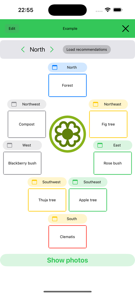 Garden Feng Shui app interface showing a plant layout based on compass directions