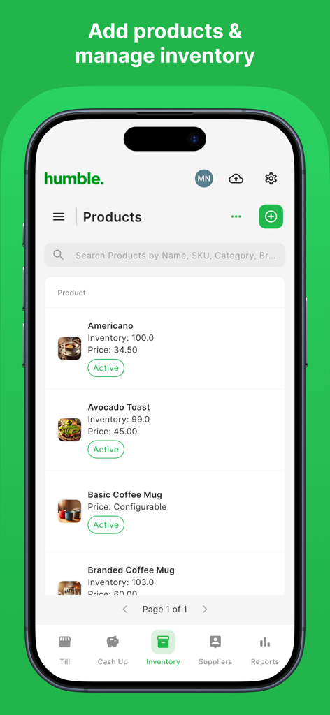 Humble POS - Interfaz de la aplicación móvil Humble POS que muestra una lista de productos con niveles de stock de inventario y precios para una cafetería