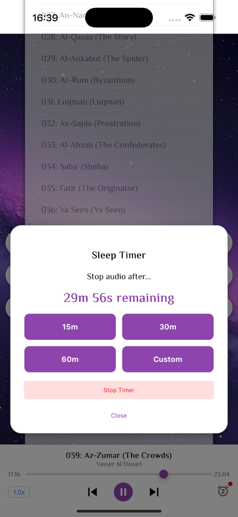 Screenshot der Sleep-Timer-Oberfläche in der Quran Audio App mit Anzeige von Countdown- und voreingestellten Optionen.